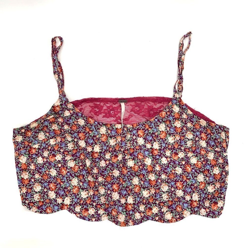 Free People Floral Lace Cropped Bandeau Top Sheer Back - Pink/Multicolor, Sz Sm